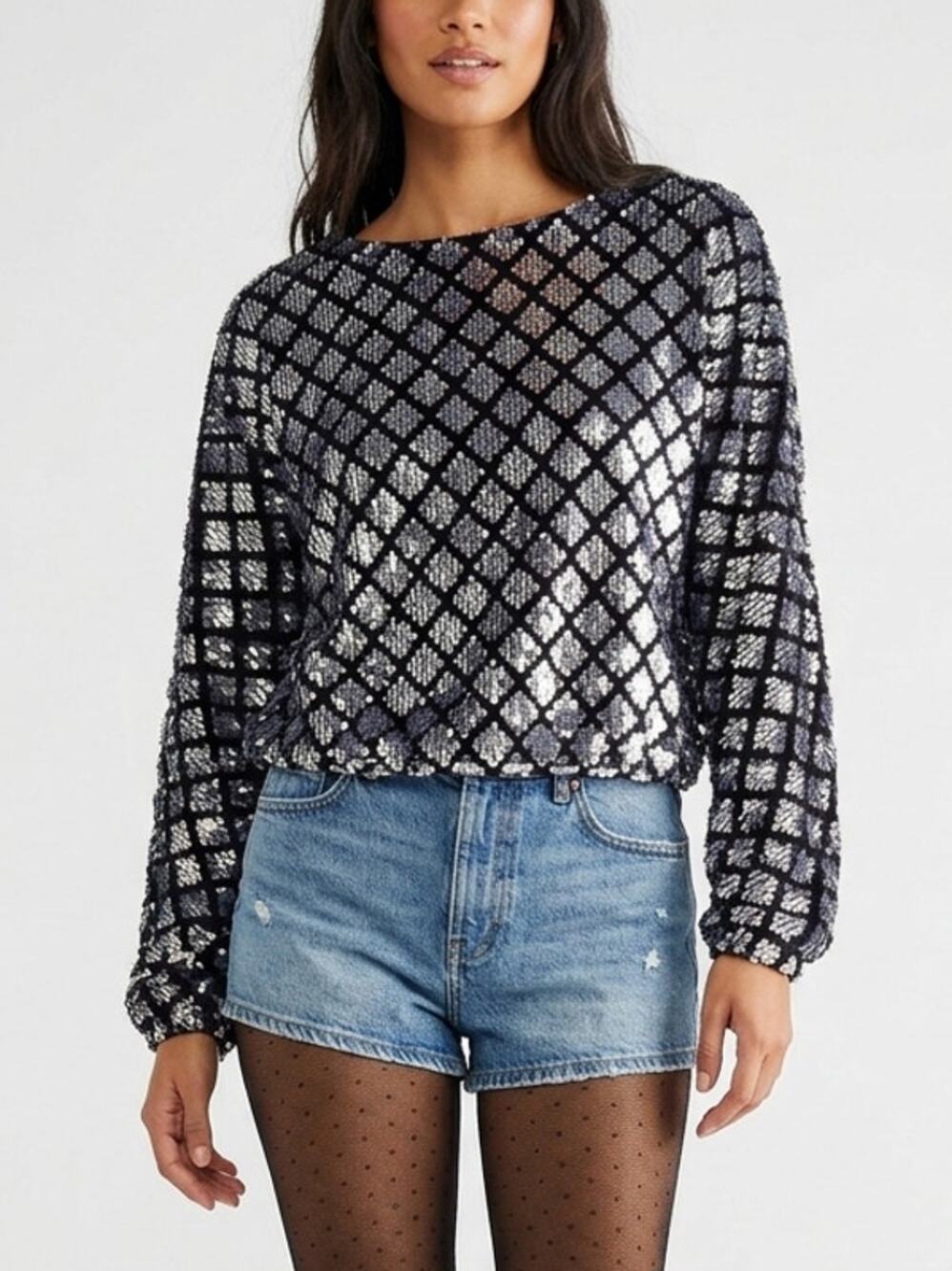 Avec Les Filles Velvet Diamond Sequin Long Sleeve Top Blouse – Size XS EUC